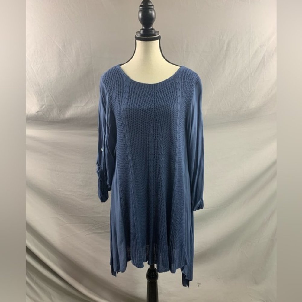 Blue Knit Asymmetrical Hem Tunic Dress - Picture 1 of 6